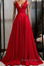 Red v neck satin long prom Dress simple red Prom Dresses