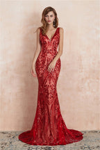 V Neck Sequins Mermaid Sleeveless Lace up Prom Dresses
