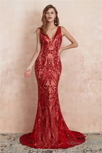 V Neck Sequins Mermaid Sleeveless Lace up Prom Dresses