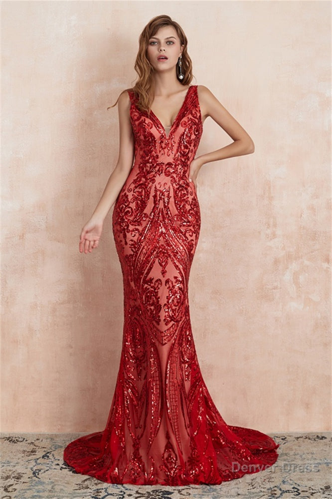 V Neck Sequins Mermaid Sleeveless Lace up Prom Dresses