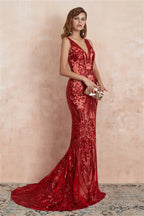 V Neck Sequins Mermaid Sleeveless Lace up Prom Dresses