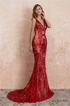 V Neck Sequins Mermaid Sleeveless Lace up Prom Dresses