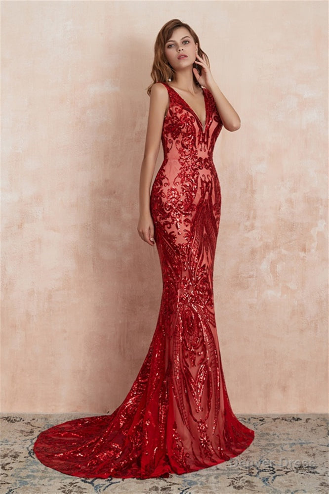 V Neck Sequins Mermaid Sleeveless Lace up Prom Dresses
