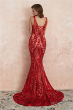 V Neck Sequins Mermaid Sleeveless Lace up Prom Dresses