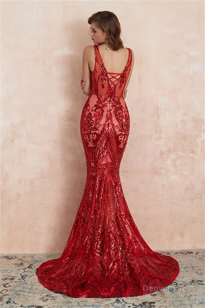 V Neck Sequins Mermaid Sleeveless Lace up Prom Dresses