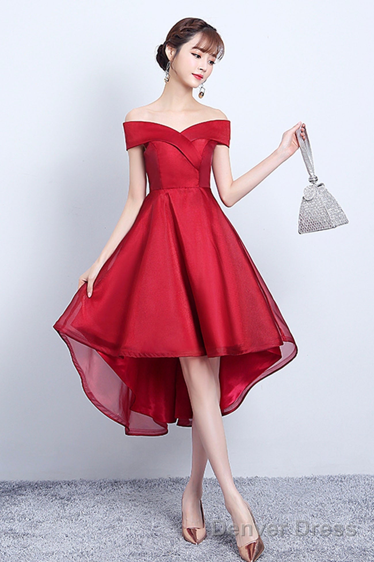 Red V-Neck Tulle High Low Prom Dress, Off The Shoulder Party Dress Secondary image