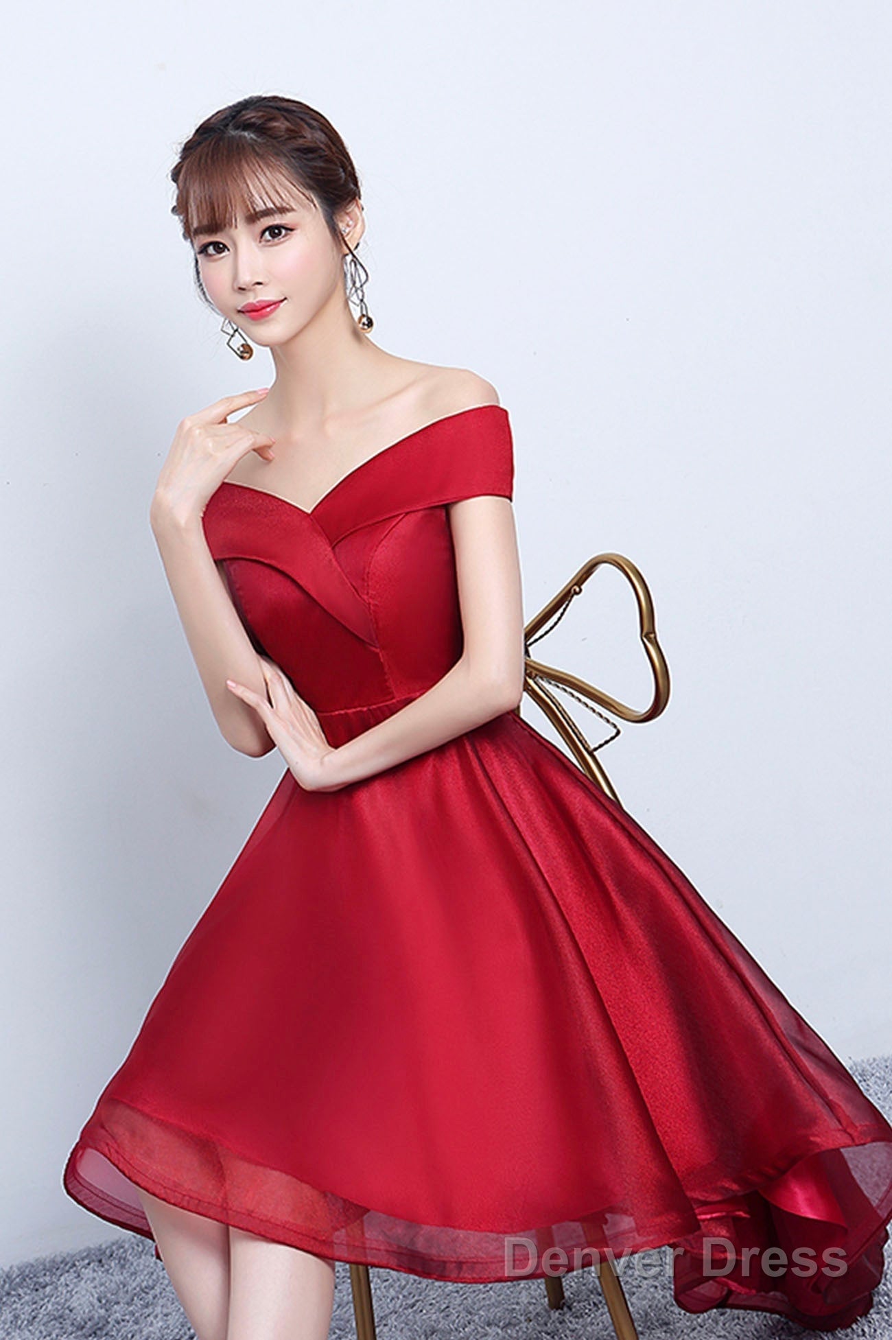 Red V-Neck Tulle High Low Prom Dress, Off The Shoulder Party Dress