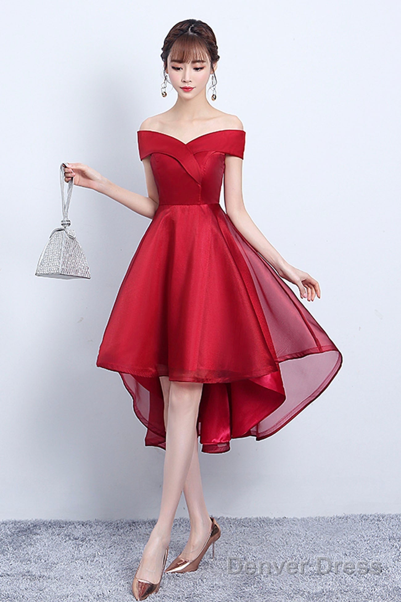 Red V-Neck Tulle High Low Prom Dress, Off The Shoulder Party Dress Main image