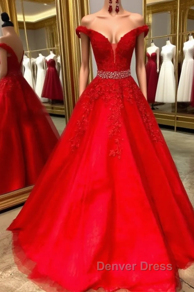 Red v neck tulle lace long prom Dress, red tulle Prom Dresses Main image