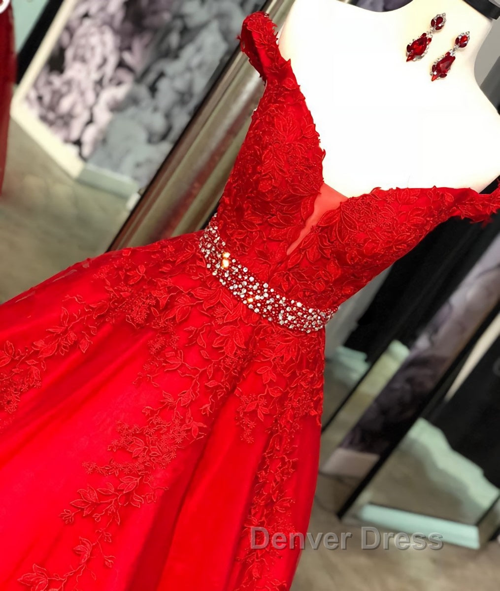 Red v neck tulle lace long prom Dress, red tulle Prom Dresses