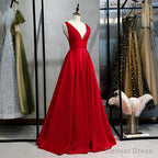 Red V Neckline Satin Floor Length Prom Dress Red Prom Gowns prom Dresses shops
