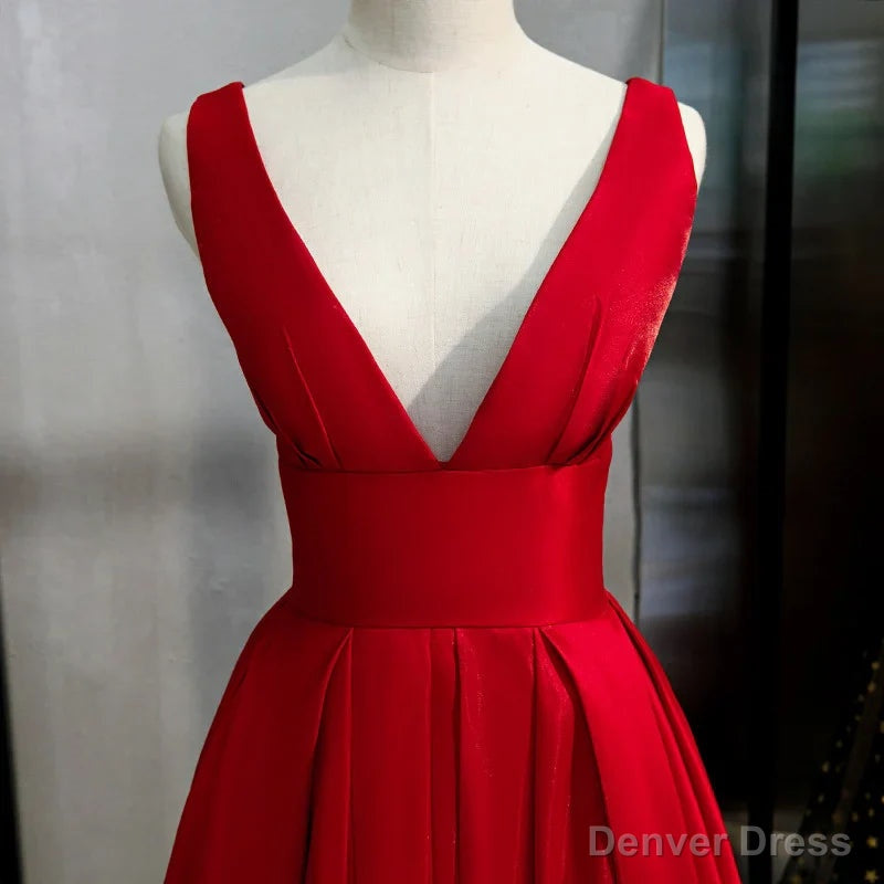 Red V Neckline Satin Floor Length Prom Dress Red Prom Gowns prom Dresses shops
