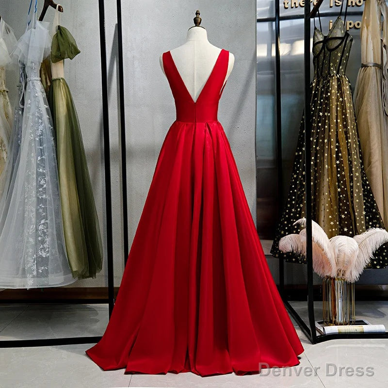 Red V Neckline Satin Floor Length Prom Dress Red Prom Gowns prom Dresses shops