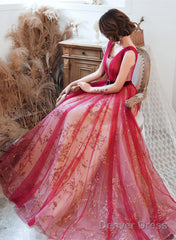 Red V-Neckline Tulle A-Line Long Prom Dress, Red Tulle Evening Dress Party Dress