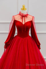 Red Velvet And Tulle Floor Length Prom Dress, Long Sleeve Beautiful A-Line Party Dress