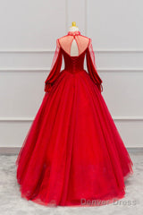 Red Velvet And Tulle Floor Length Prom Dress, Long Sleeve Beautiful A-Line Party Dress