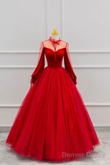 Red Velvet And Tulle Floor Length Prom Dress, Long Sleeve Beautiful A-Line Party Dress