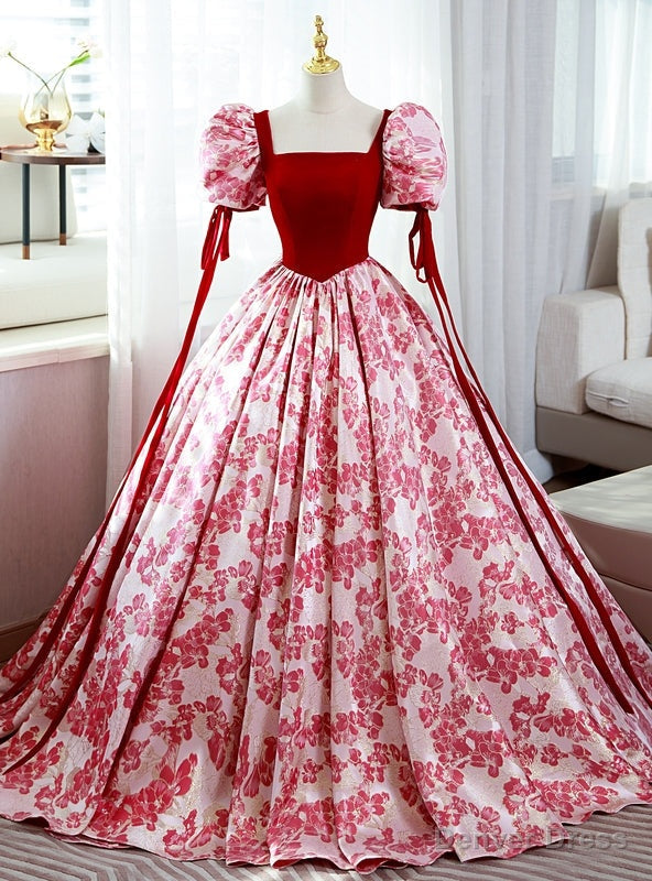 Red Velvet Puff Sleeve Square Quinceanera Dresses Main image