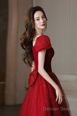 Red Velvet Tulle Long Prom Dress, Cute Short Sleeve Evening Dress