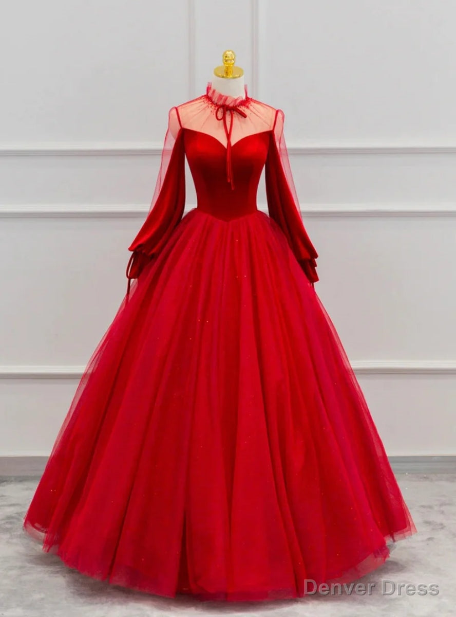 Red Velvet Tulle Long Sleeve Prom Dresses Main image