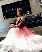 Unique Burgundy V Neck Long Prom Dress