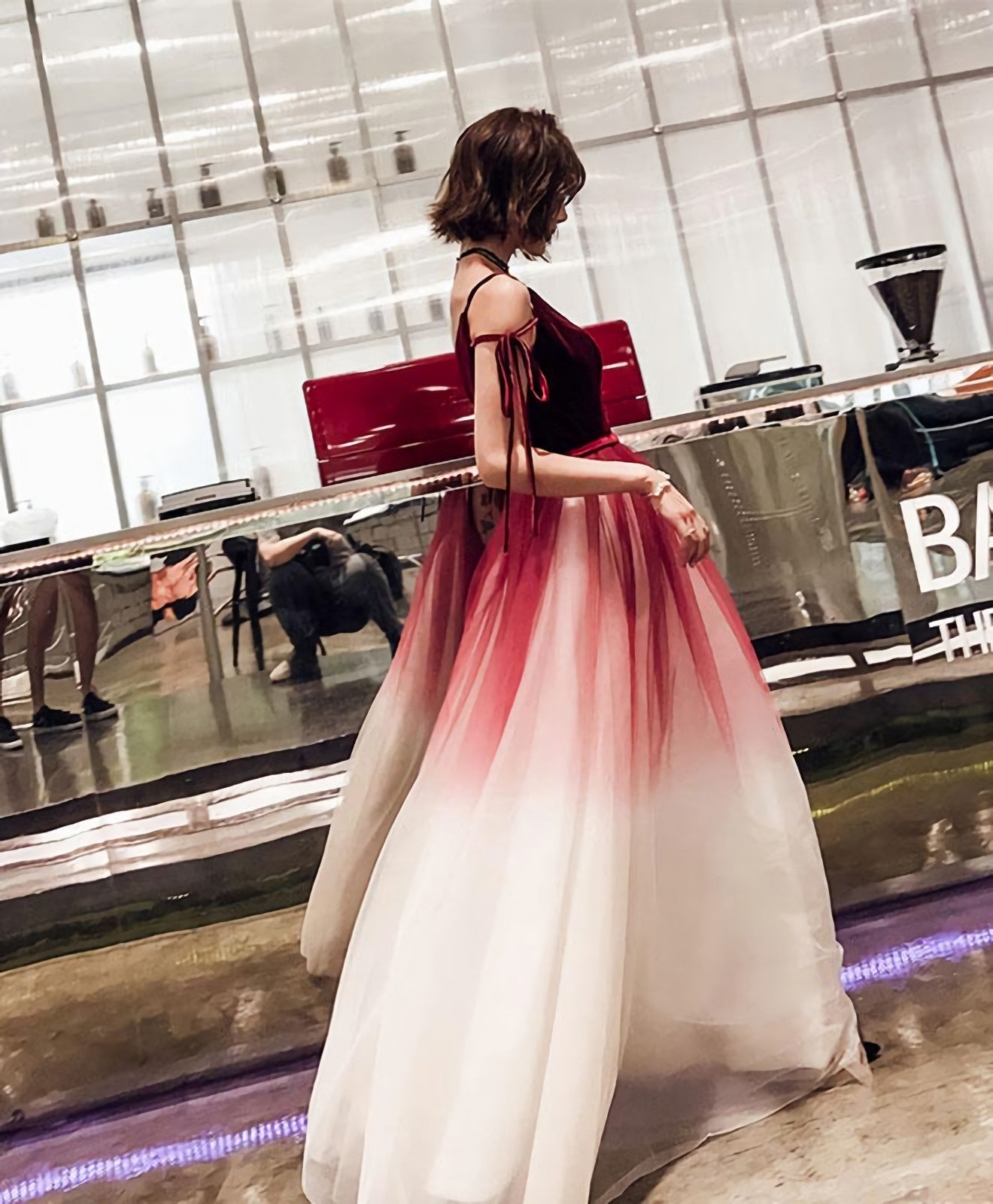 Unique Burgundy V Neck Long Prom Dress