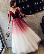 Unique Burgundy V Neck Long Prom Dress