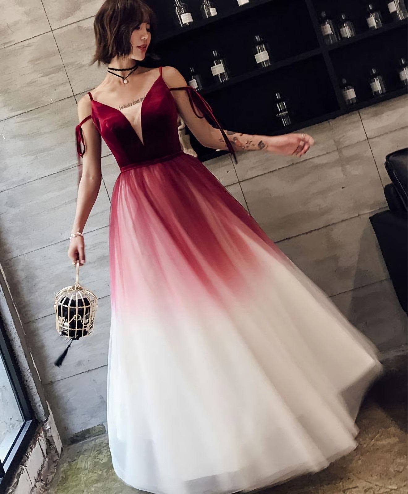 Unique Burgundy V Neck Long Prom Dress