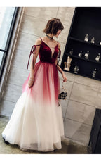 Unique Burgundy V Neck Long Prom Dress