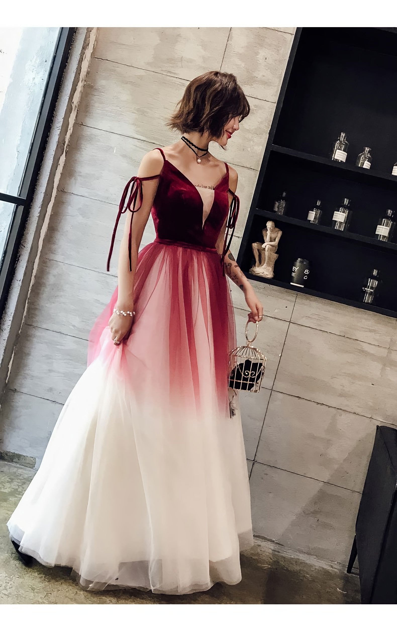 Unique Burgundy V Neck Long Prom Dress