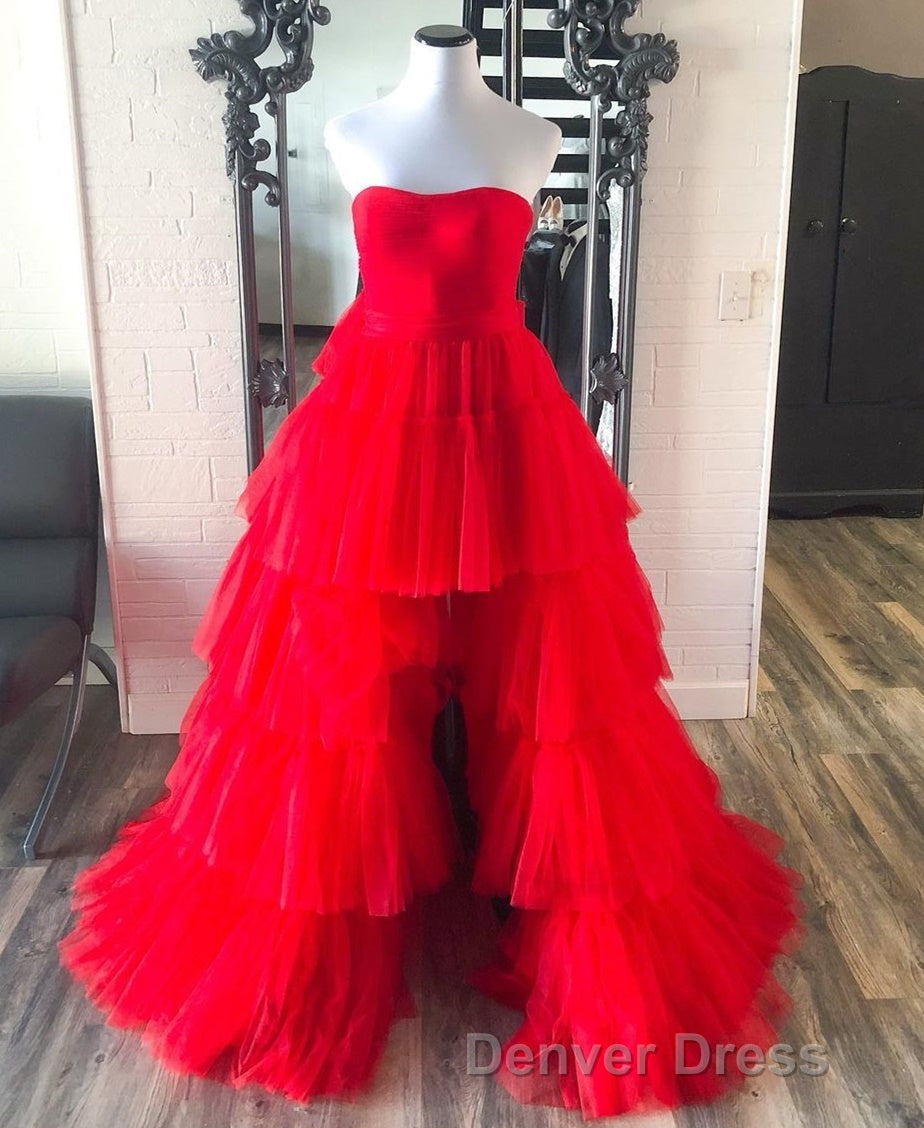 High Low Hot Pink Strapless Prom Gowns