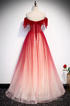 Red Off the Shoulder Long Tulle Prom Dresses with Beading, Party Gown with Sequins
