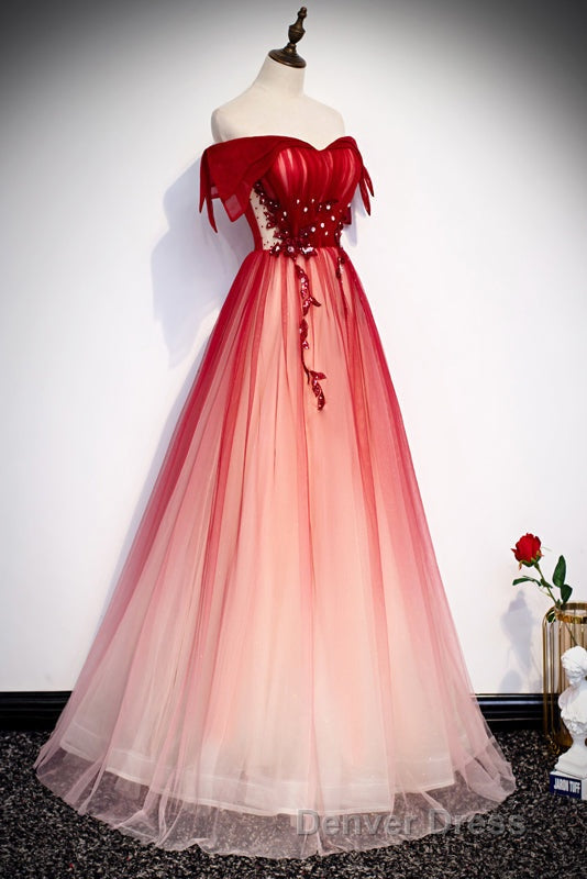 Red Off the Shoulder Long Tulle Prom Dresses with Beading, Party Gown with Sequins