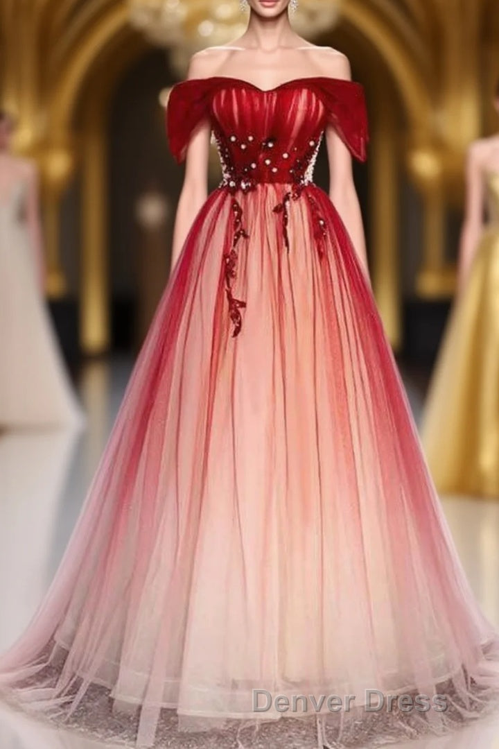 Red Off the Shoulder Long Tulle Prom Dresses with Beading, Prom Gowns with Sequins Main image