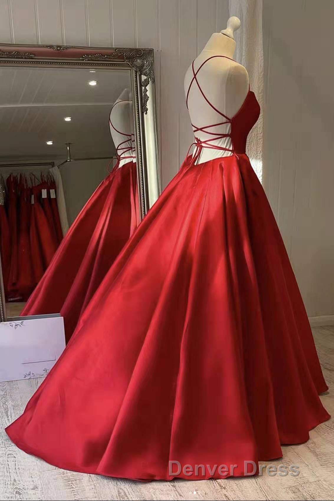 Red Satin Spaghetti Straps Long Prom Dresses, Puffy Princess Prom Gowns Secondary image
