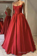Red Satin Spaghetti Straps Long Prom Dresses, Puffy Princess Prom Gowns