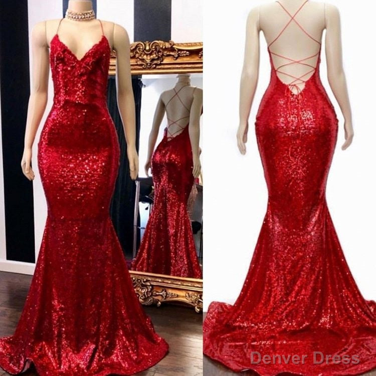 Long Sequin Red Prom Dresses Mermaid Sleeveless Prom Gowns