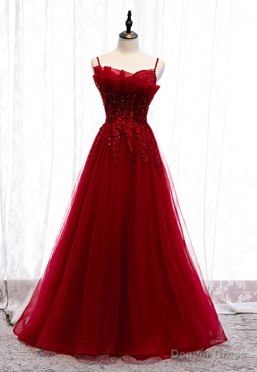 Burgundy Lace Long Prom Dresses, A-Line Spaghetti Strap Evening Dresses Secondary image