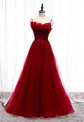 Burgundy Lace Long Prom Dresses, A-Line Spaghetti Strap Evening Dresses