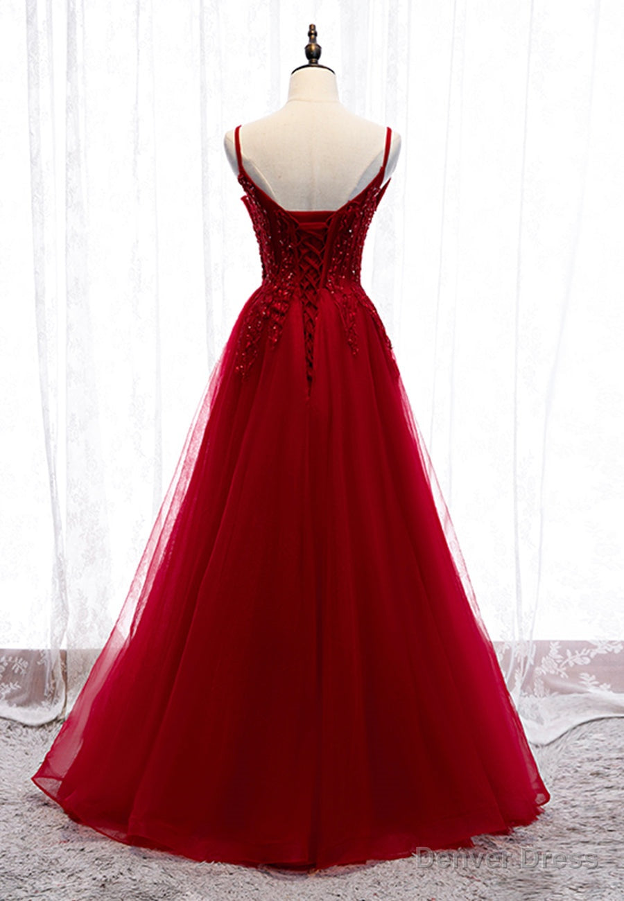 Burgundy Lace Long Prom Dress, A Line Spaghetti Strap Prom Dresses