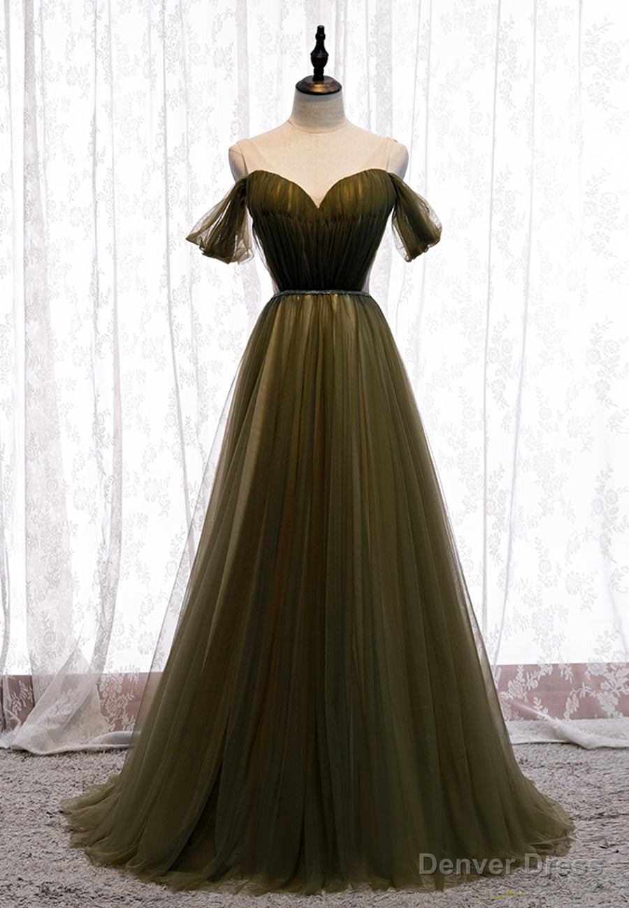Green Tulle Long A-Line Prom Dresses, Off the Shoulder Evening Dresses