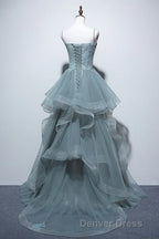 Gray Spaghetti Straps Tulle Princess Prom Dress Long Prom Dresses