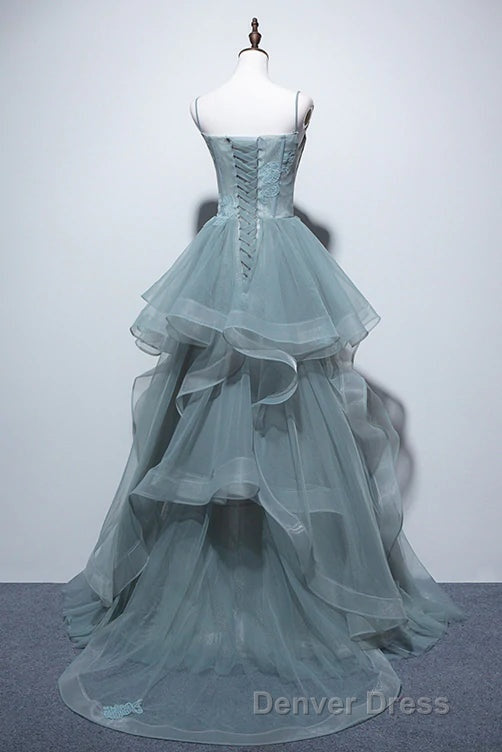 Gray Spaghetti Straps Tulle Princess Prom Dress Long Prom Dresses