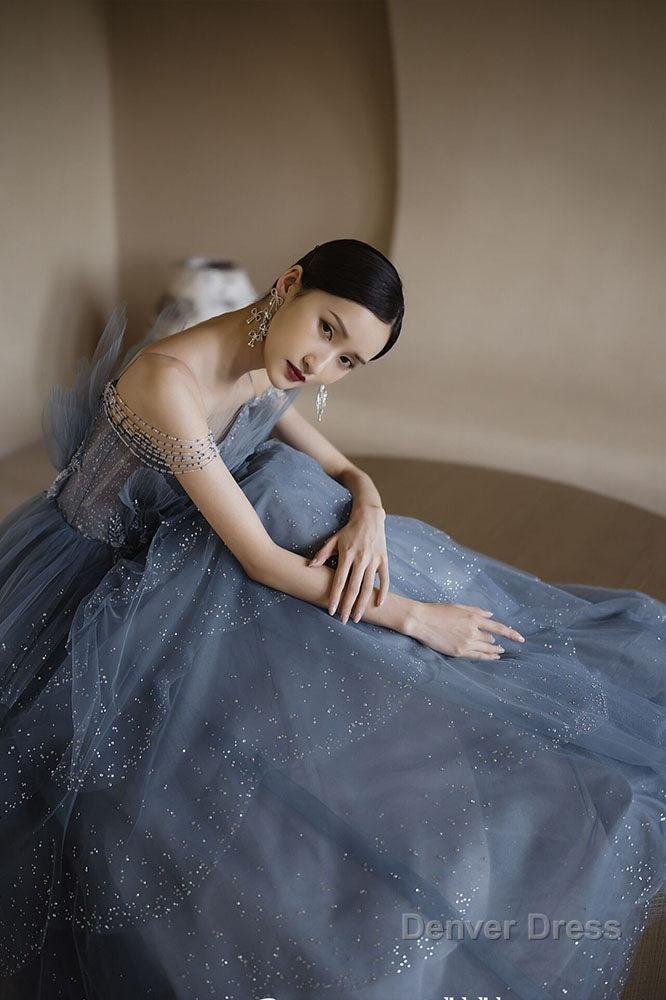 Gorgeous Blue Sparkly Tulle Beaded Prom Dresses, Tiered Prom Gowns with Rhinestone