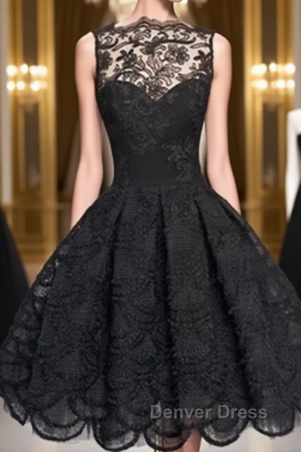 Retro A Line Black Lace Sleeveless Open Back Short Prom Dress, Homecoming Dresses Main image