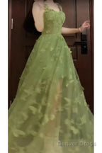 Retro A Line Spaghetti Straps Ankle Length Green Lace Prom Dresses Birthday Outfits