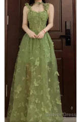 Retro A Line Spaghetti Straps Ankle Length Green Lace Prom Dresses Birthday Outfits