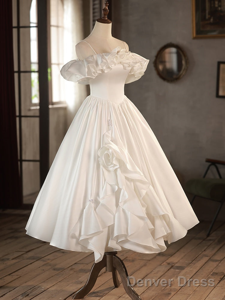 Retro A Line Tea Length Ivory Prom Dress, White Wedding Prom Dresses