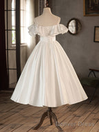 Retro A Line Tea Length Ivory Prom Dress, White Wedding Prom Dresses