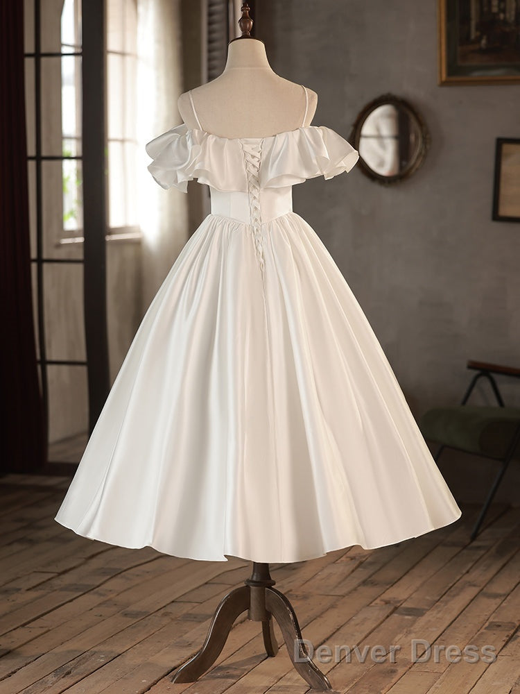 Retro A Line Tea Length Ivory Prom Dress, White Wedding Prom Dresses